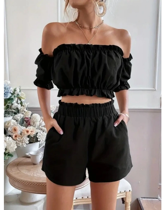 Kadın Madonna Yaka Crop şort Ikili Keten Takım