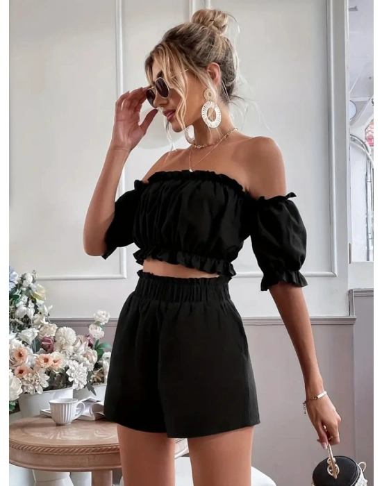 Kadın Madonna Yaka Crop şort Ikili Keten Takım