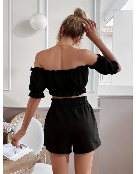 Kadın Madonna Yaka Crop şort Ikili Keten Takım