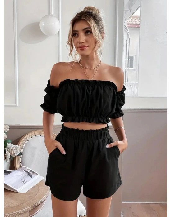 Kadın Madonna Yaka Crop şort Ikili Keten Takım