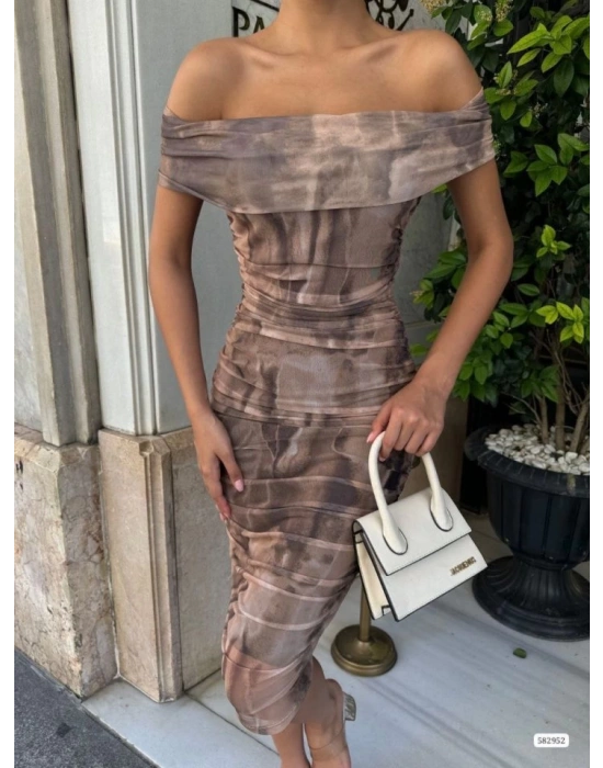 Kadın Madonna Yaka Dalga Desen Midi Boy şifon Elbise