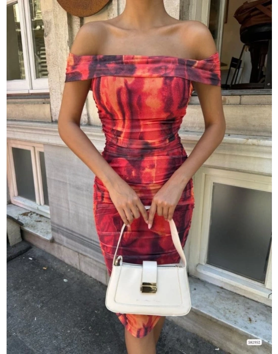 Kadın Madonna Yaka Dalga Desen Midi Boy şifon Elbise