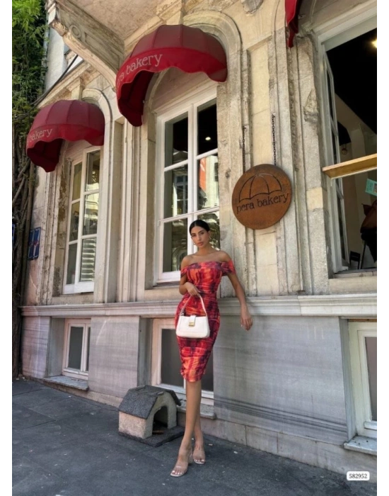 Kadın Madonna Yaka Dalga Desen Midi Boy şifon Elbise