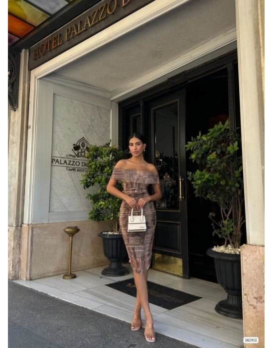 Kadın Madonna Yaka Dalga Desen Midi Boy şifon Elbise