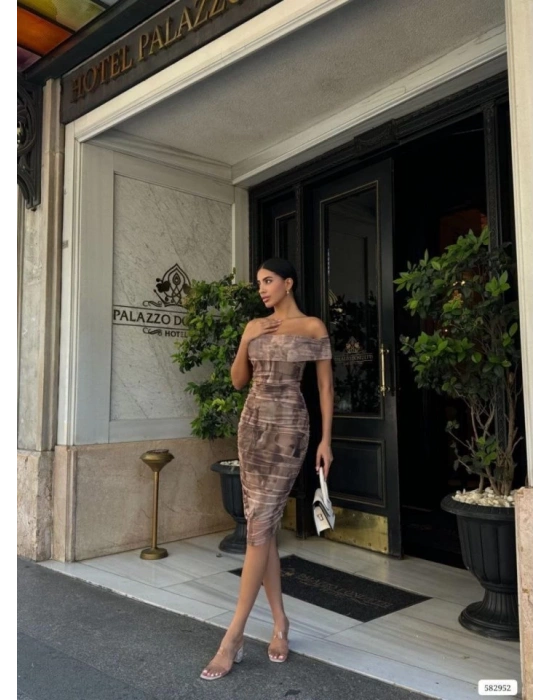 Kadın Madonna Yaka Dalga Desen Midi Boy şifon Elbise