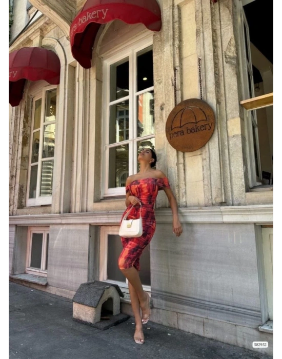 Kadın Madonna Yaka Dalga Desen Midi Boy şifon Elbise