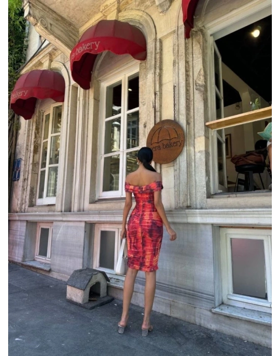 Kadın Madonna Yaka Dalga Desen Midi Boy şifon Elbise