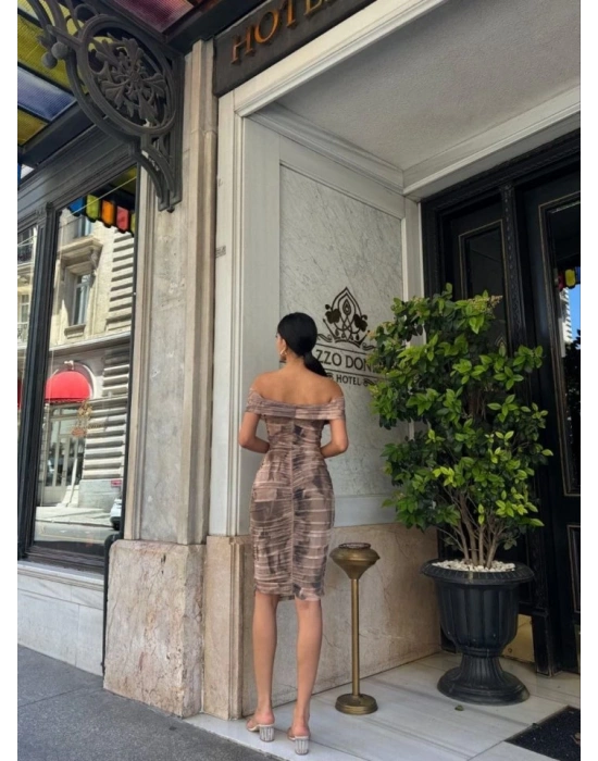 Kadın Madonna Yaka Dalga Desen Midi Boy şifon Elbise