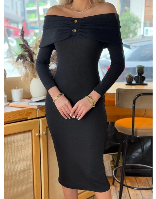 Kadın Madonna Yaka Düğme Detay Fırsat ürün Midi Boy Elbise