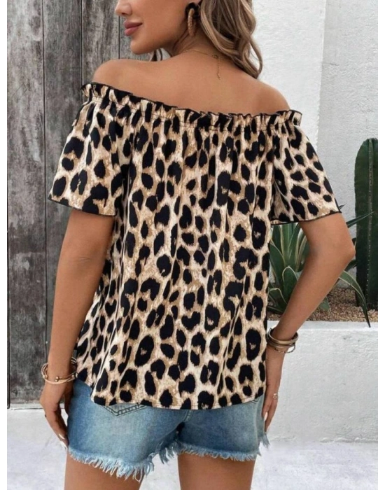 Kadın Madonna Yaka Fırfırlı Leopar Desenli Mikro Kumaş Bluz