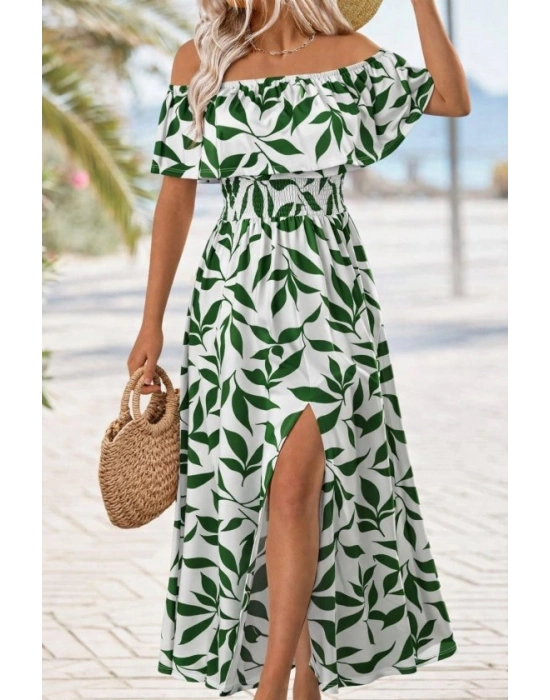 Kadın Madonna Yaka Göğüs Lastikli Yırtmaçlı Uzun Desenli Süprem Elbise