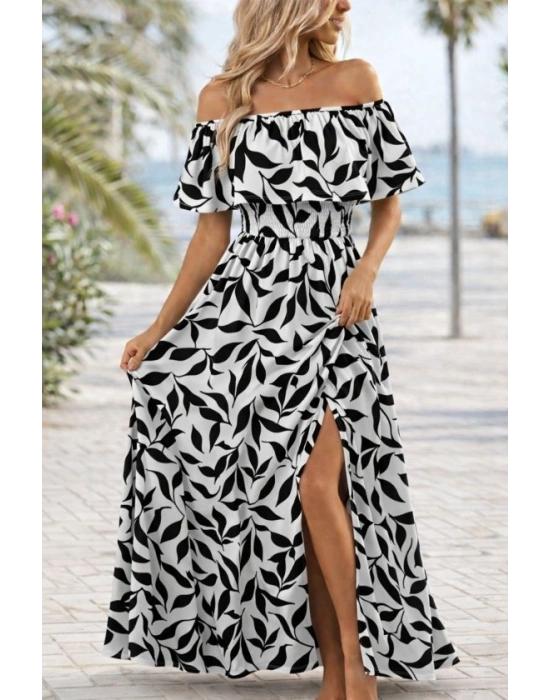 Kadın Madonna Yaka Göğüs Lastikli Yırtmaçlı Uzun Desenli Süprem Elbise