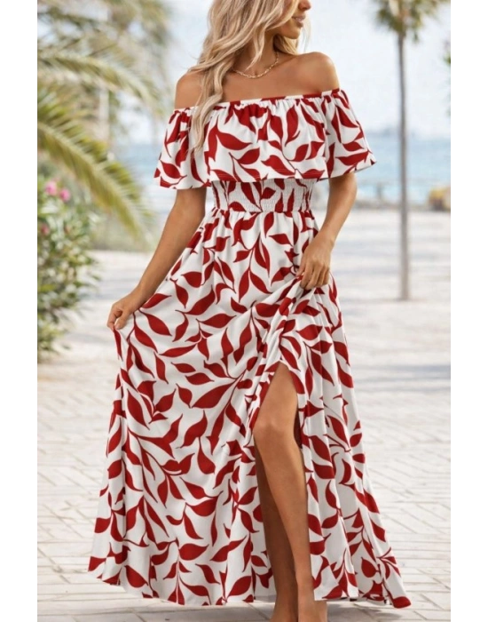 Kadın Madonna Yaka Göğüs Lastikli Yırtmaçlı Uzun Desenli Süprem Elbise