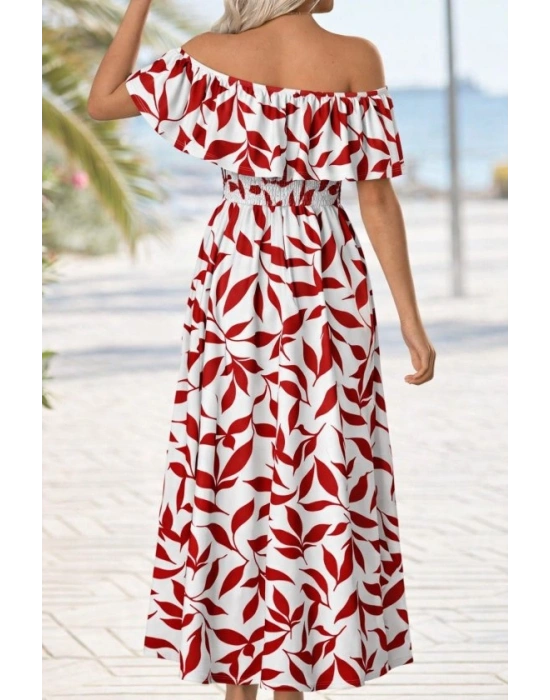 Kadın Madonna Yaka Göğüs Lastikli Yırtmaçlı Uzun Desenli Süprem Elbise