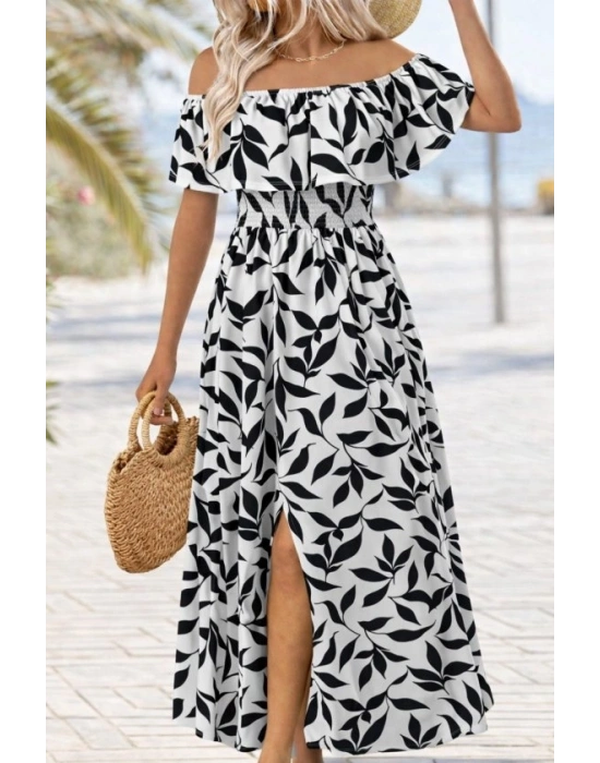 Kadın Madonna Yaka Göğüs Lastikli Yırtmaçlı Uzun Desenli Süprem Elbise