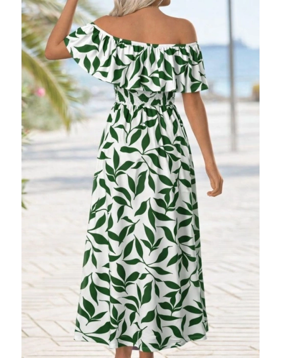 Kadın Madonna Yaka Göğüs Lastikli Yırtmaçlı Uzun Desenli Süprem Elbise