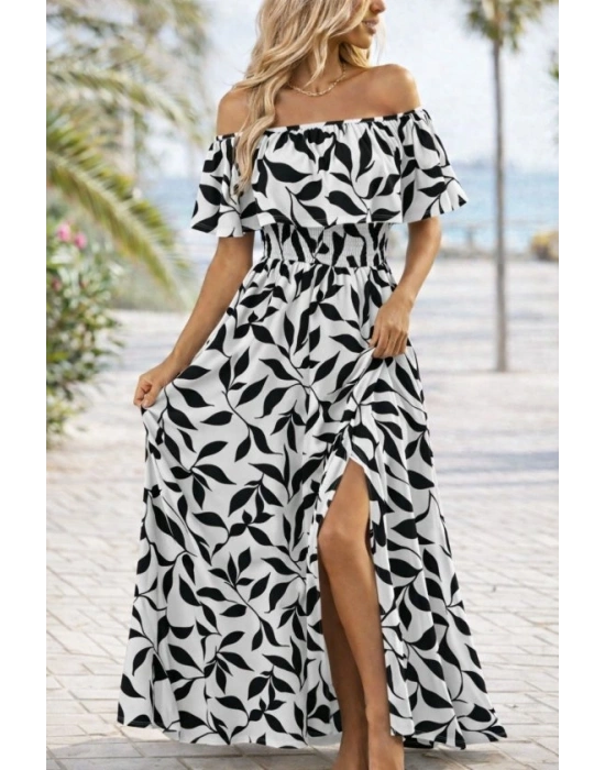 Kadın Madonna Yaka Göğüs Lastikli Yırtmaçlı Uzun Desenli Süprem Elbise