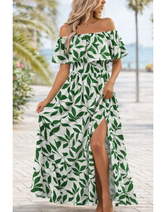 Kadın Madonna Yaka Göğüs Lastikli Yırtmaçlı Uzun Desenli Süprem Elbise