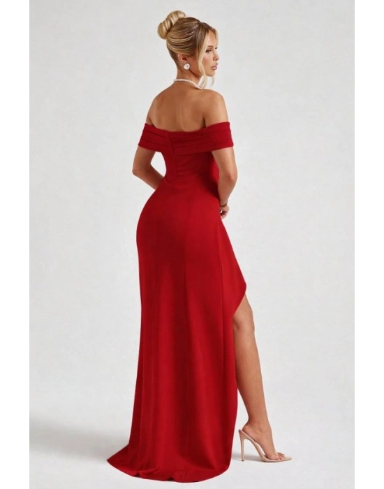 Kadın Madonna Yaka Pileli Derin Yırtmaçlı Uzun Ithal Krep Elbise