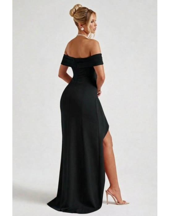 Kadın Madonna Yaka Pileli Derin Yırtmaçlı Uzun Ithal Krep Elbise