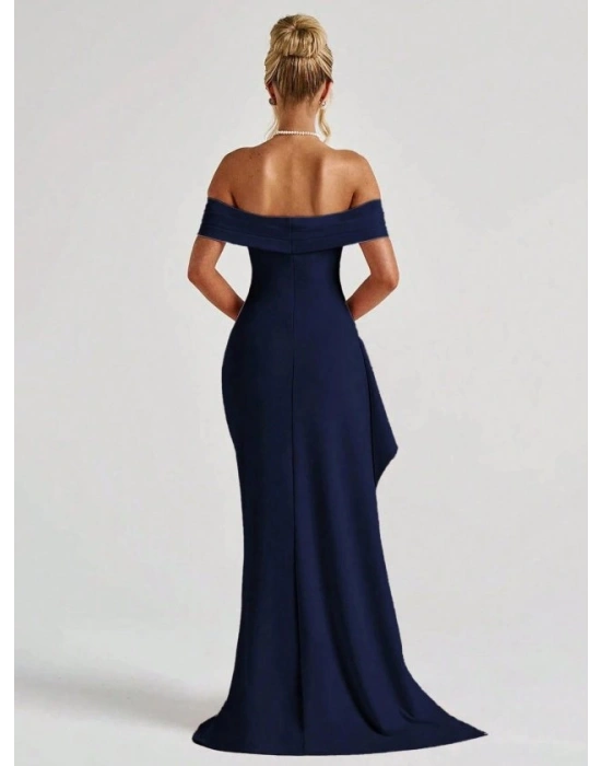 Kadın Madonna Yaka Pileli Derin Yırtmaçlı Uzun Ithal Krep Elbise