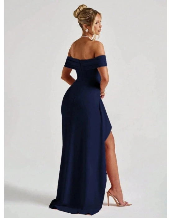 Kadın Madonna Yaka Pileli Derin Yırtmaçlı Uzun Ithal Krep Elbise