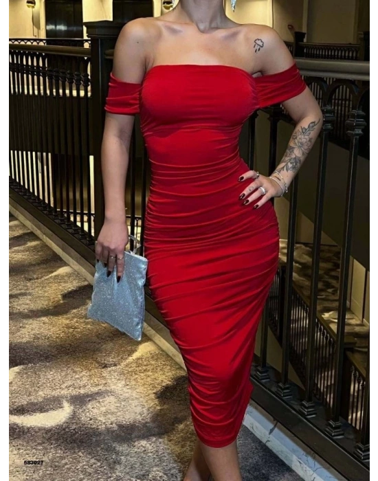 Kadın Madonna Yaka andy Kumaş Büzgü Detay Midi Boy Elbise