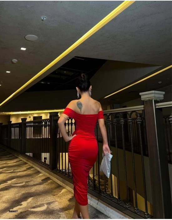 Kadın Madonna Yaka andy Kumaş Büzgü Detay Midi Boy Elbise