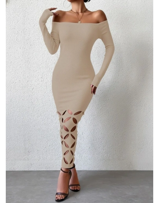 Kadın Madonna Yaka Uzun Kollu Lazer çiçek Kesim Detaylı Uzun Ithal Krep Elbise