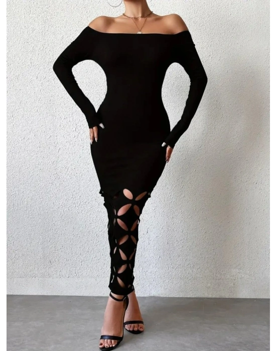 Kadın Madonna Yaka Uzun Kollu Lazer çiçek Kesim Detaylı Uzun Ithal Krep Elbise