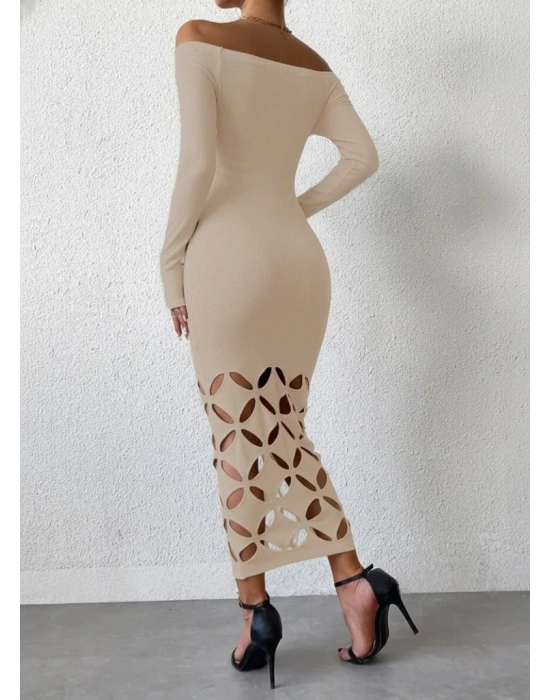 Kadın Madonna Yaka Uzun Kollu Lazer çiçek Kesim Detaylı Uzun Ithal Krep Elbise
