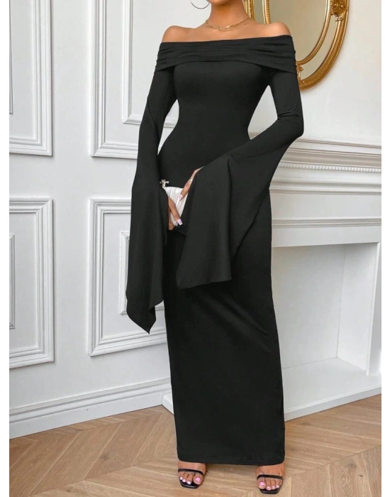 Kadın Madonna Yaka Uzun Yırtmaç Kol Detaylı Uzun Ithal Krep Elbise