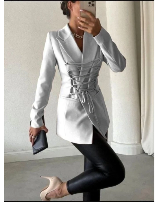 Kadın Manşet Yaka Cep Ve Bağcık Detay Uzun Ceket