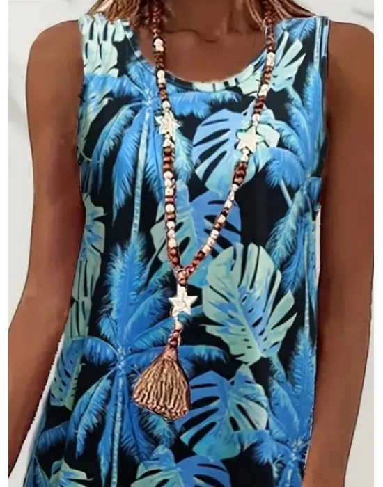 Kadın Mavi Yaprak Baskılı Askılı Süprem Elbise