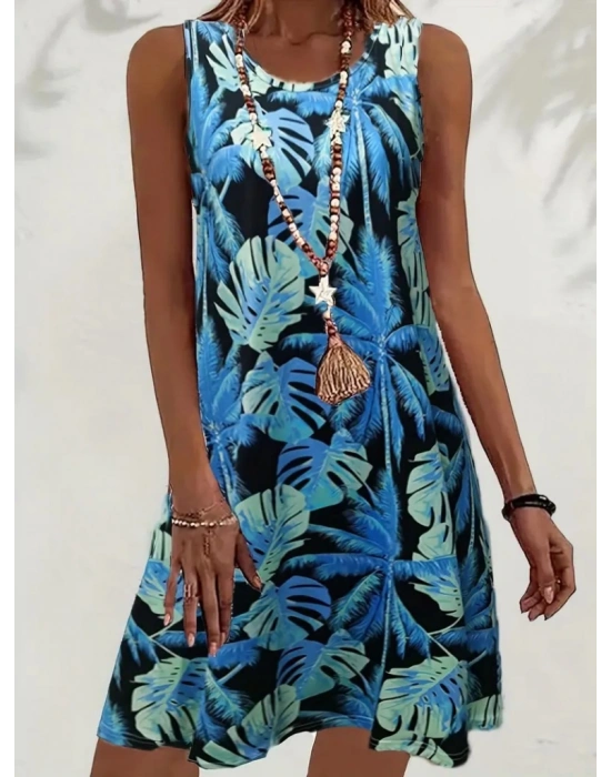 Kadın Mavi Yaprak Baskılı Askılı Süprem Elbise