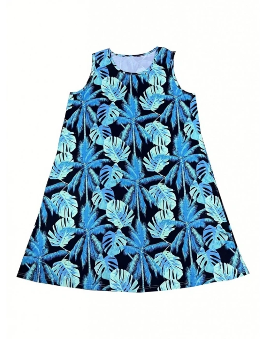Kadın Mavi Yaprak Baskılı Askılı Süprem Elbise
