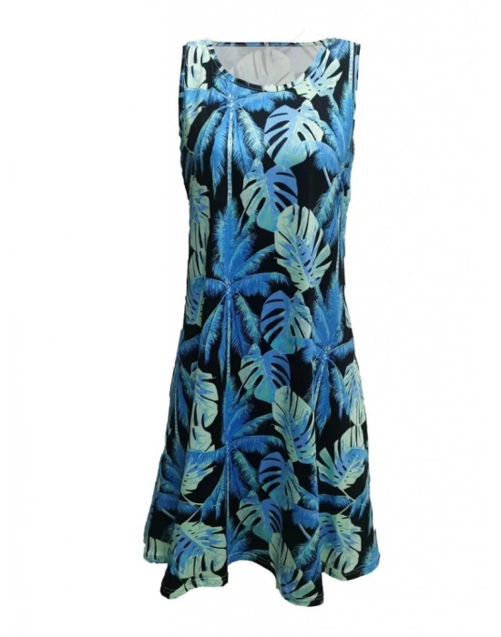 Kadın Mavi Yaprak Baskılı Askılı Süprem Elbise