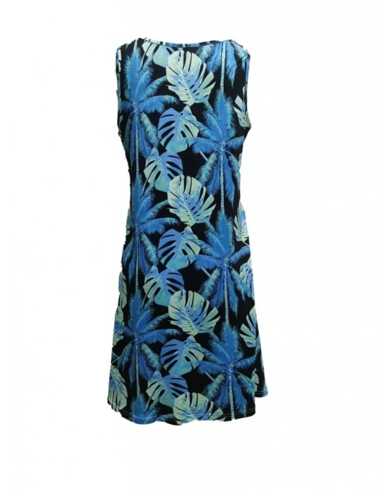 Kadın Mavi Yaprak Baskılı Askılı Süprem Elbise