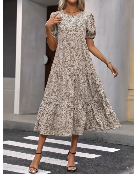 Kadın Mini Leopar Desen Midi üç Kat Elbise