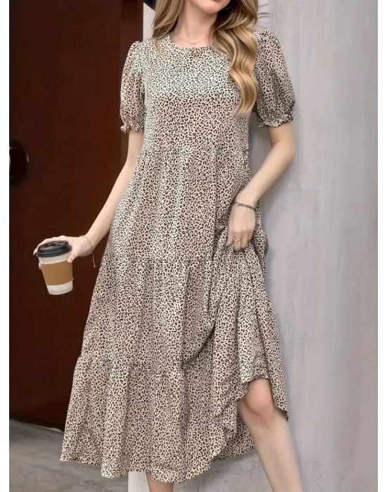 Kadın Mini Leopar Desen Midi üç Kat Elbise