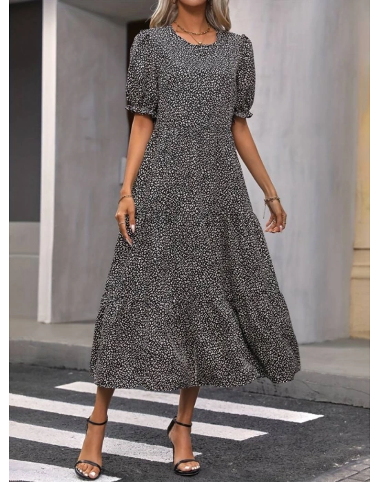 Kadın Mini Leopar Desen Midi üç Kat Elbise
