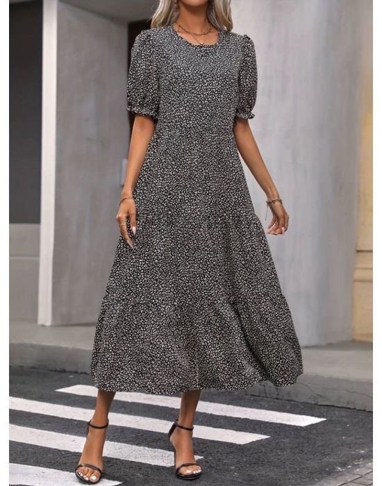 Kadın Mini Leopar Desen Midi üç Kat Elbise