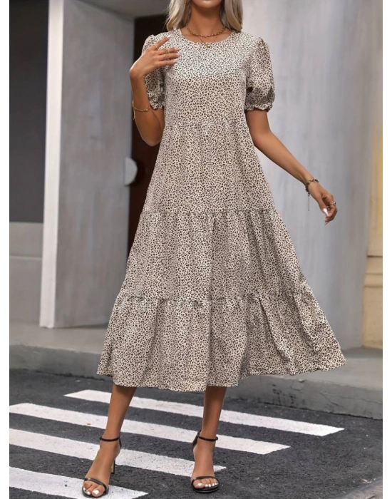 Kadın Mini Leopar Desen Midi üç Kat Elbise