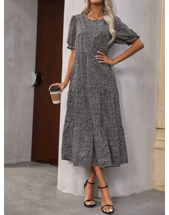 Kadın Mini Leopar Desen Midi üç Kat Elbise