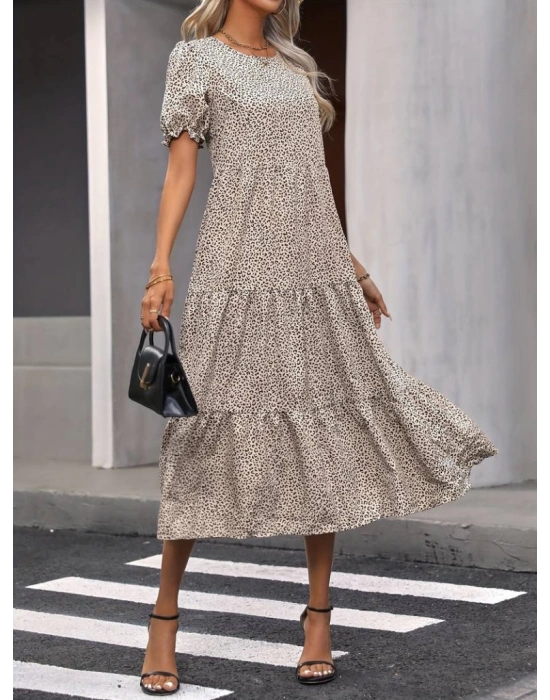 Kadın Mini Leopar Desen Midi üç Kat Elbise