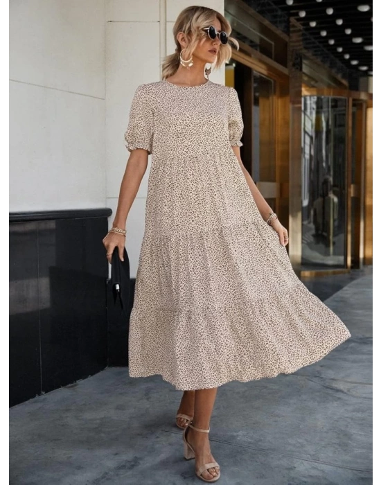 Kadın Mini Leopar Desen Midi üç Kat Elbise