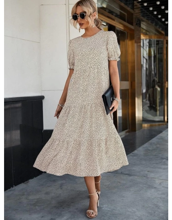 Kadın Mini Leopar Desen Midi üç Kat Elbise