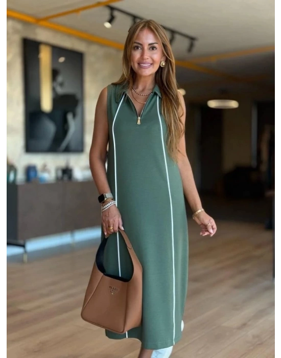 Kadın Modal Kumaş şerit Detaylı Fermuarlı Midi Elbise