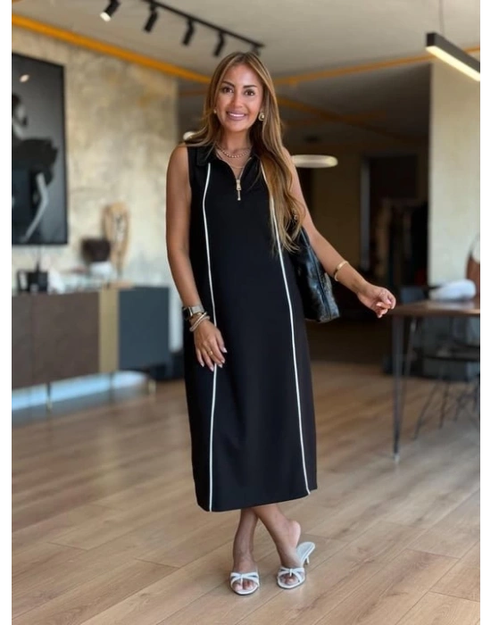 Kadın Modal Kumaş şerit Detaylı Fermuarlı Midi Elbise