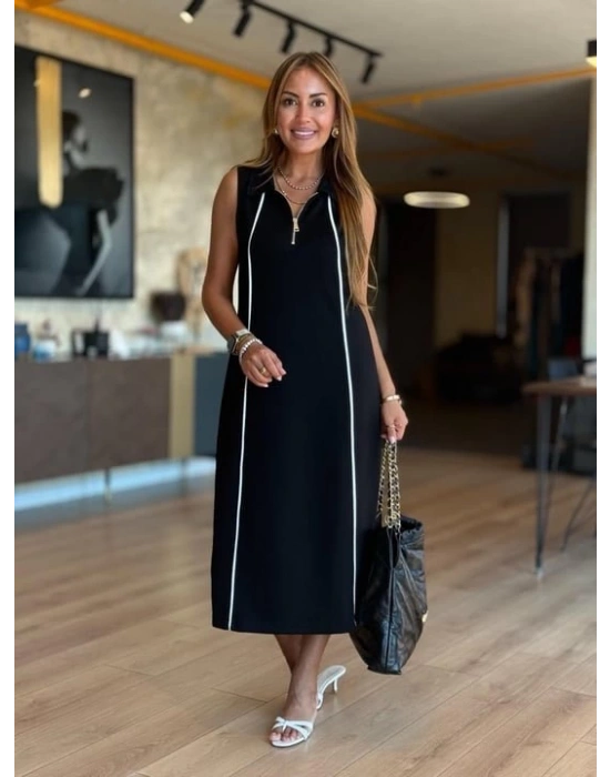 Kadın Modal Kumaş şerit Detaylı Fermuarlı Midi Elbise